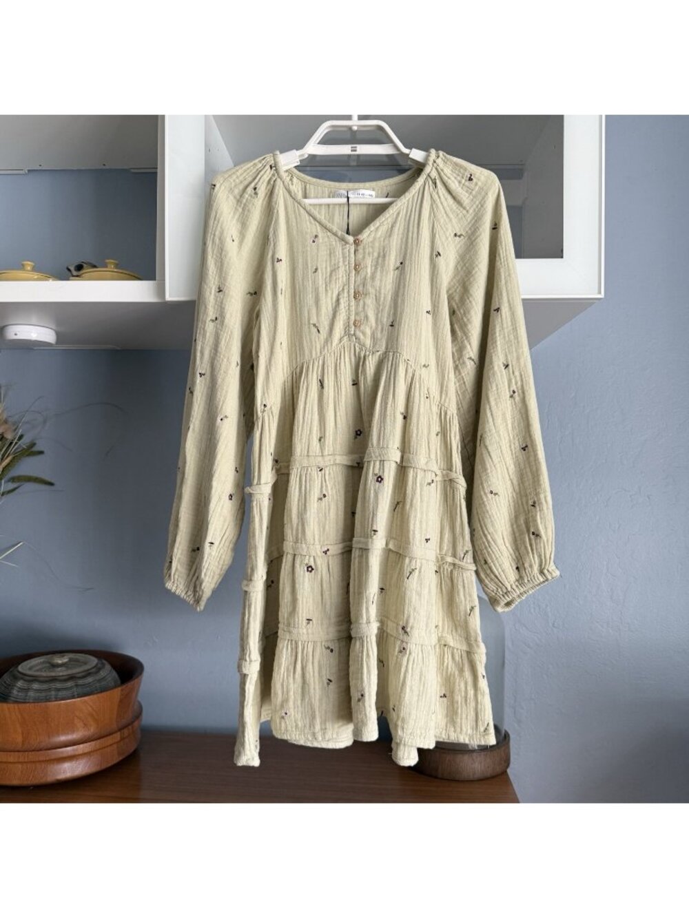 Zara Girls Tiered Gauze Floral Embroidered Dress Light Sage Boho Size 11/12